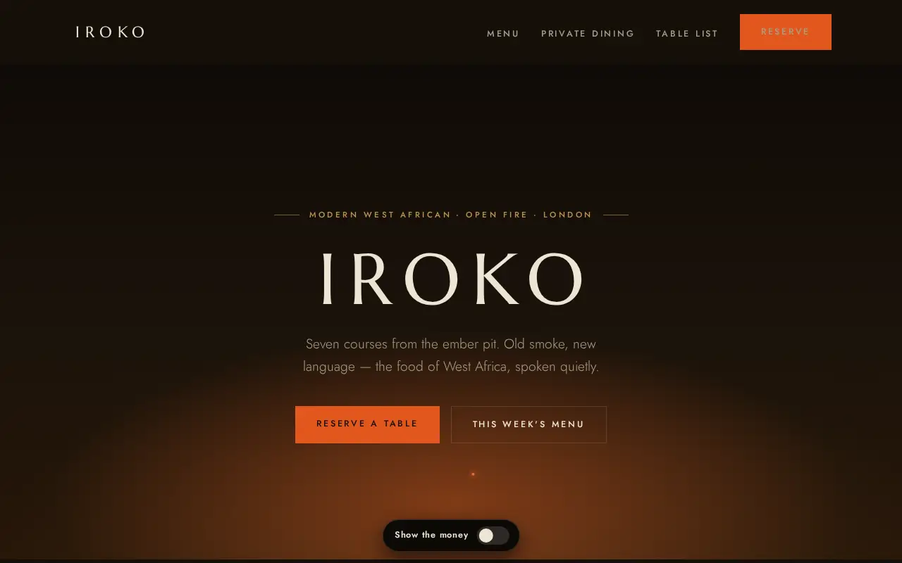 Homepage of the Iroko demo concept restaurant website